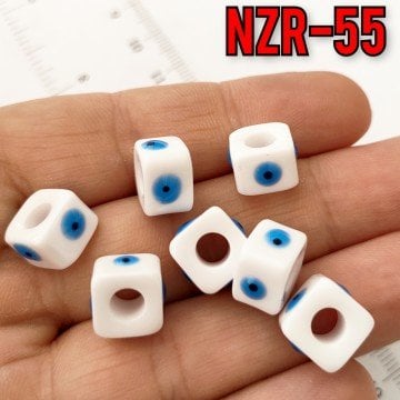 NZR-55 Mineli Gözlü Beyaz Akrilik Küp Boncuk  10*7.5 mm