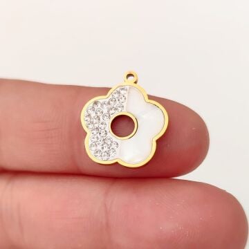 ÇLS-54 A Kalite Kaplama Altın Renk 316L Cerrahi Çelik Taşlı Sedefli Çiçek Kolye Ucu