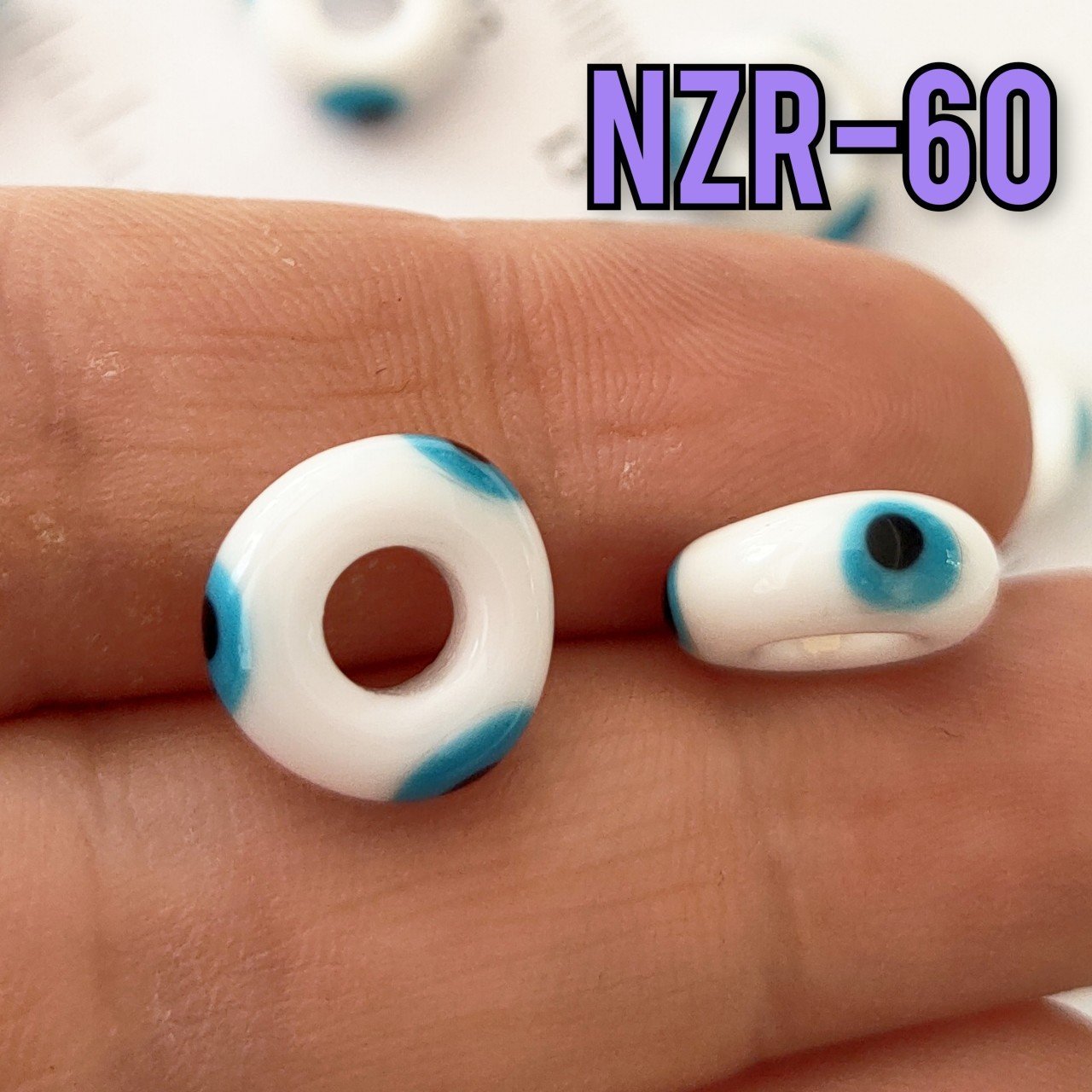 NZR-60 Murano Silindir 3 Gözlü Nazar Boncuğu Beyaz 14*5 mm