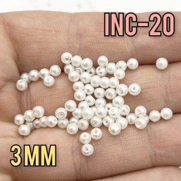 İNC-20 Beyaz Renk Yuvarlak Lüx Cam İnci 3 mm
