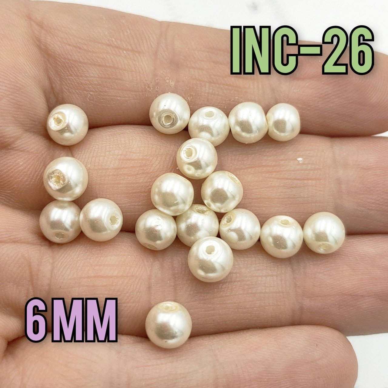 İNC-26 Krem Renk Yuvarlak Lüx Cam İnci 6 mm