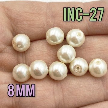 İNC-27 Krem Renk Yuvarlak Lüx Cam İnci 8 mm