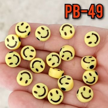 Pb-49 Sarı Üzeri Siyah Çizimli Smile Plastik Yassı Boncuk 10 mm