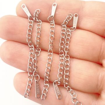 ÇLA-55 A Kalite Gümüş Renk 316L Cerrahi Çelik S.Steel Yazılı Hazır Uzatma Zinciri