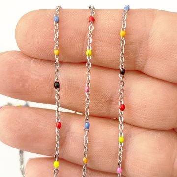 ÇLZ-38 Gümüş Renk 316L Cerrahi Çelik Karışık Renk Fosforlu Mineli Zincir