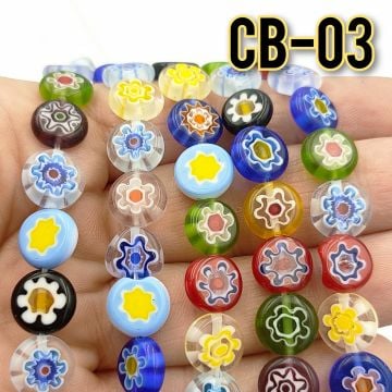 CB-03 Çiçek Desenli Karışık Yassı Dizi Cam Boncuk 10*4 mm