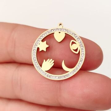 ÇLS-63 A Kalite Kaplama Altın Renk 316L Cerrahi Çelik Taşlı Şans Kolye Ucu