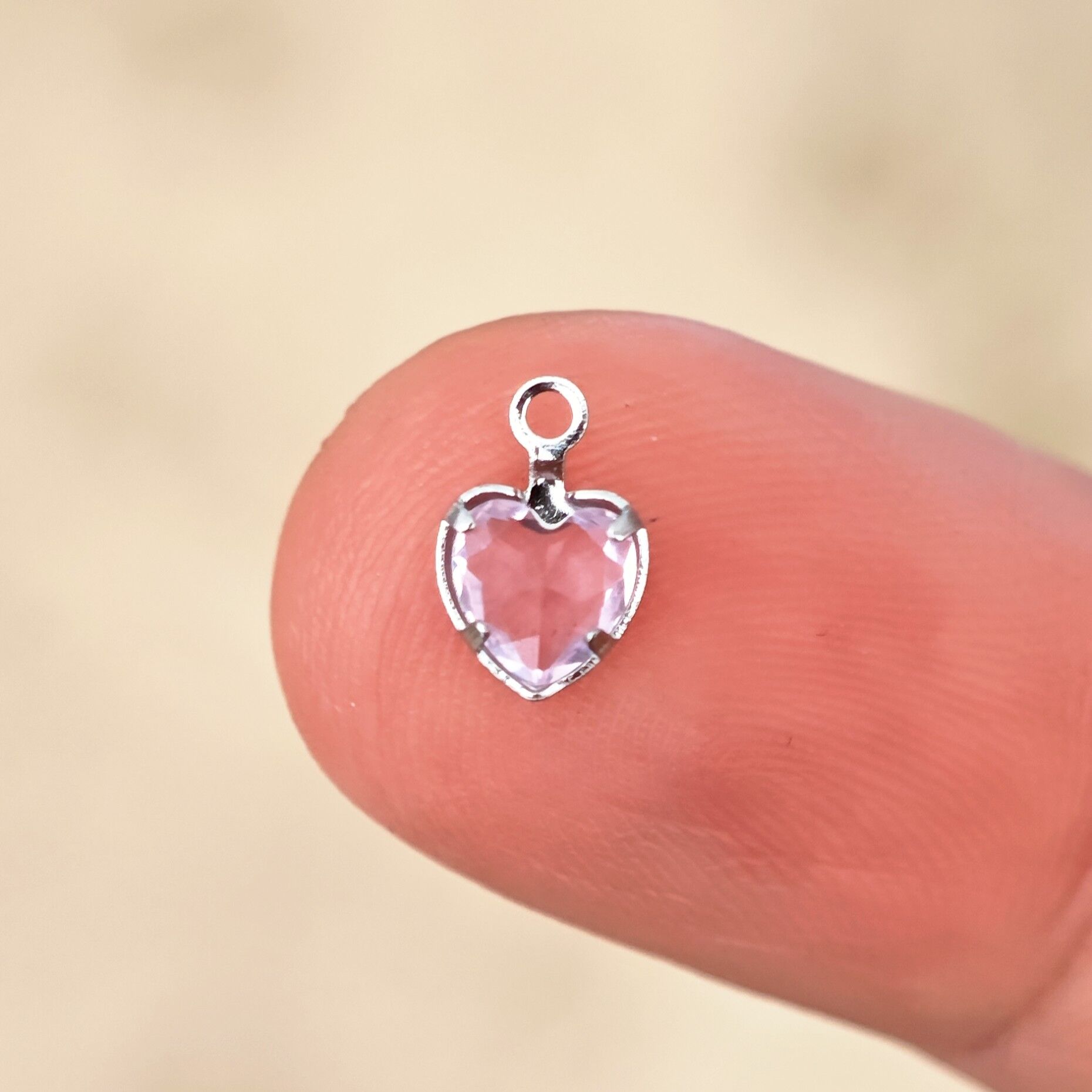ÇLS-76 A Kalite Gümüş Renk 316L Cerrahi Çelik Mini Kalp  Açık Pembe Taşlı Sallantı 6 mm