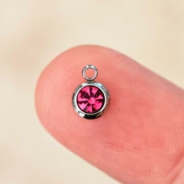 ÇLS-93 A Kalite Gümüş Renk 316L Cerrahi Çelik Mini Fuşya Pembe Taşlı Sallantı 6 mm