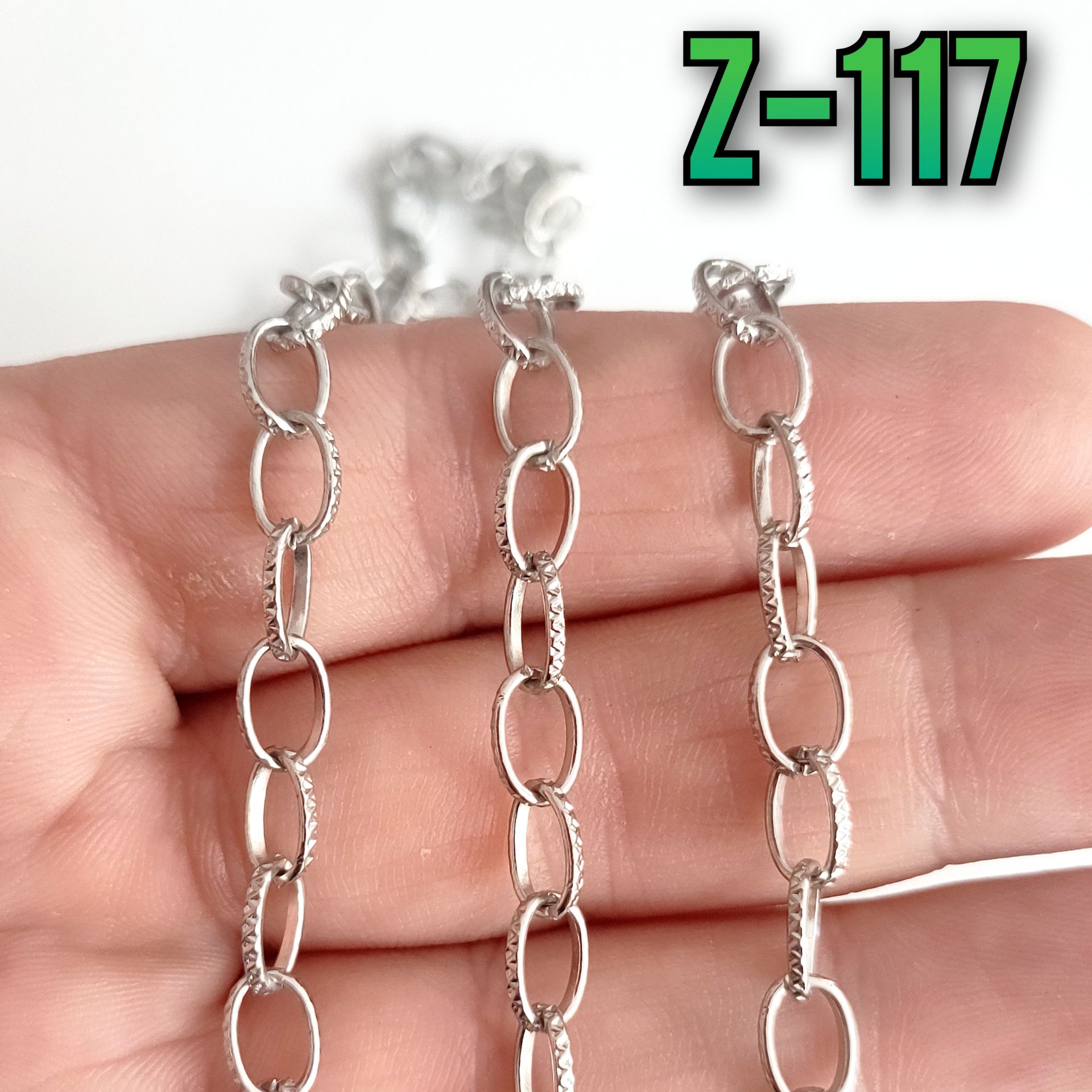 No : 117 Gümüş Renk Desenli Oval Zincir 9 x 6 mm