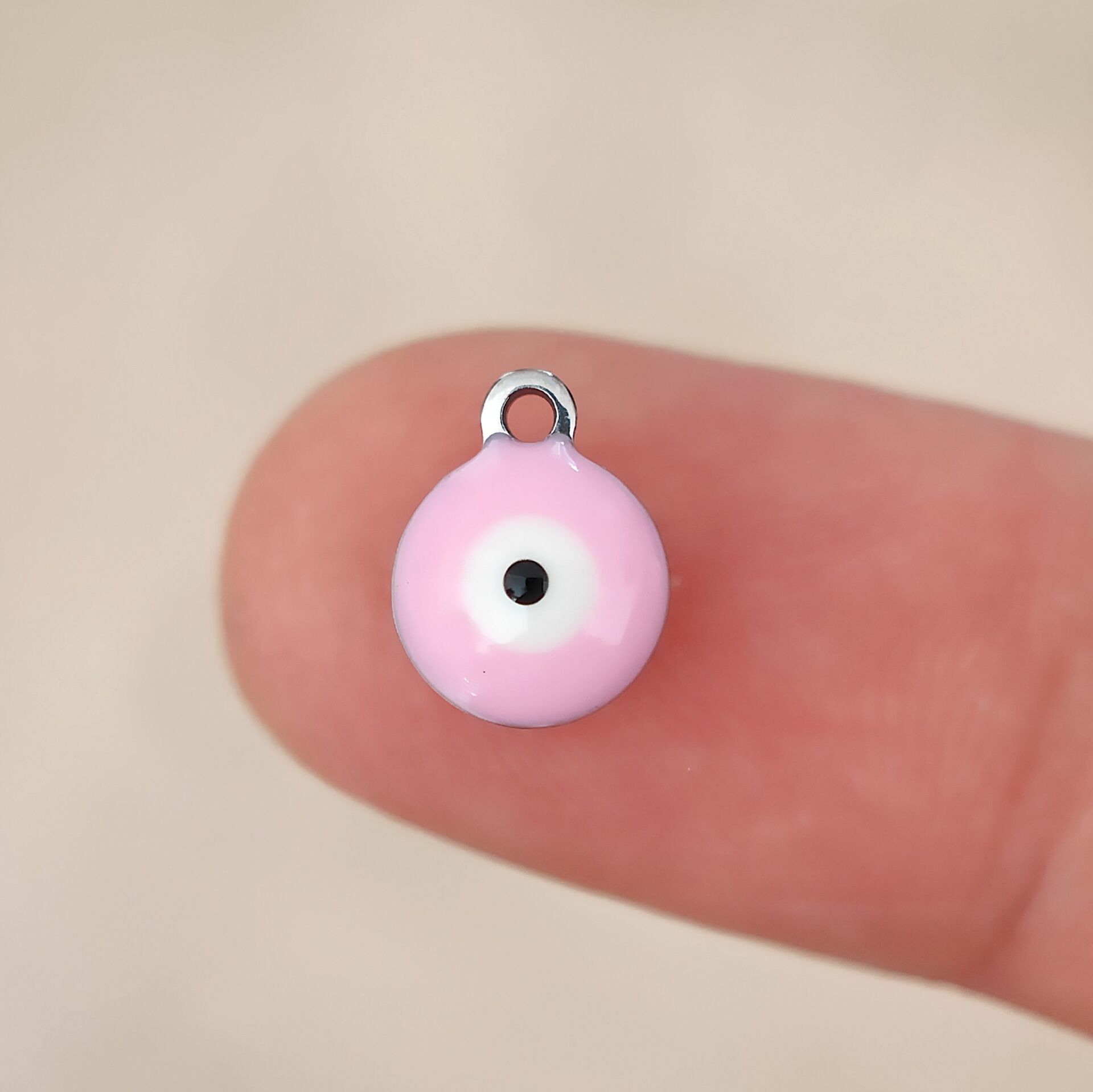 ÇLS-125 A Kalite Gümüş Renk 316L Cerrahi Çelik Pembe Mineli Nazar Sallantı 8 mm