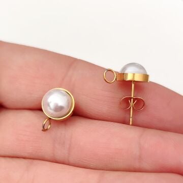 ÇLK-08 A Kalite Kaplama Altın Renk 316 L Cerrahi Çelik İncili Küpe Çivisi 9 mm