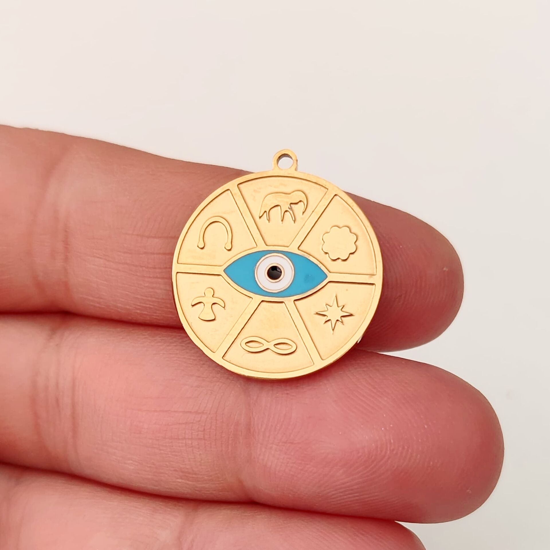 ÇLS-15 A Kalite Kaplama Altın Renk 316L Cerrahi Çelik Mineli Şans Nazar Tılsımı Kolye Ucu