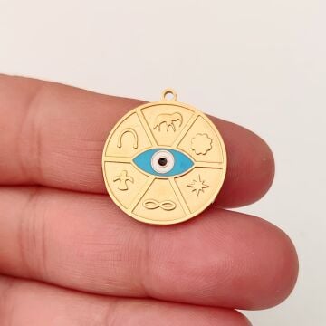 ÇLS-15 A Kalite Kaplama Altın Renk 316L Cerrahi Çelik Mineli Şans Nazar Tılsımı Kolye Ucu