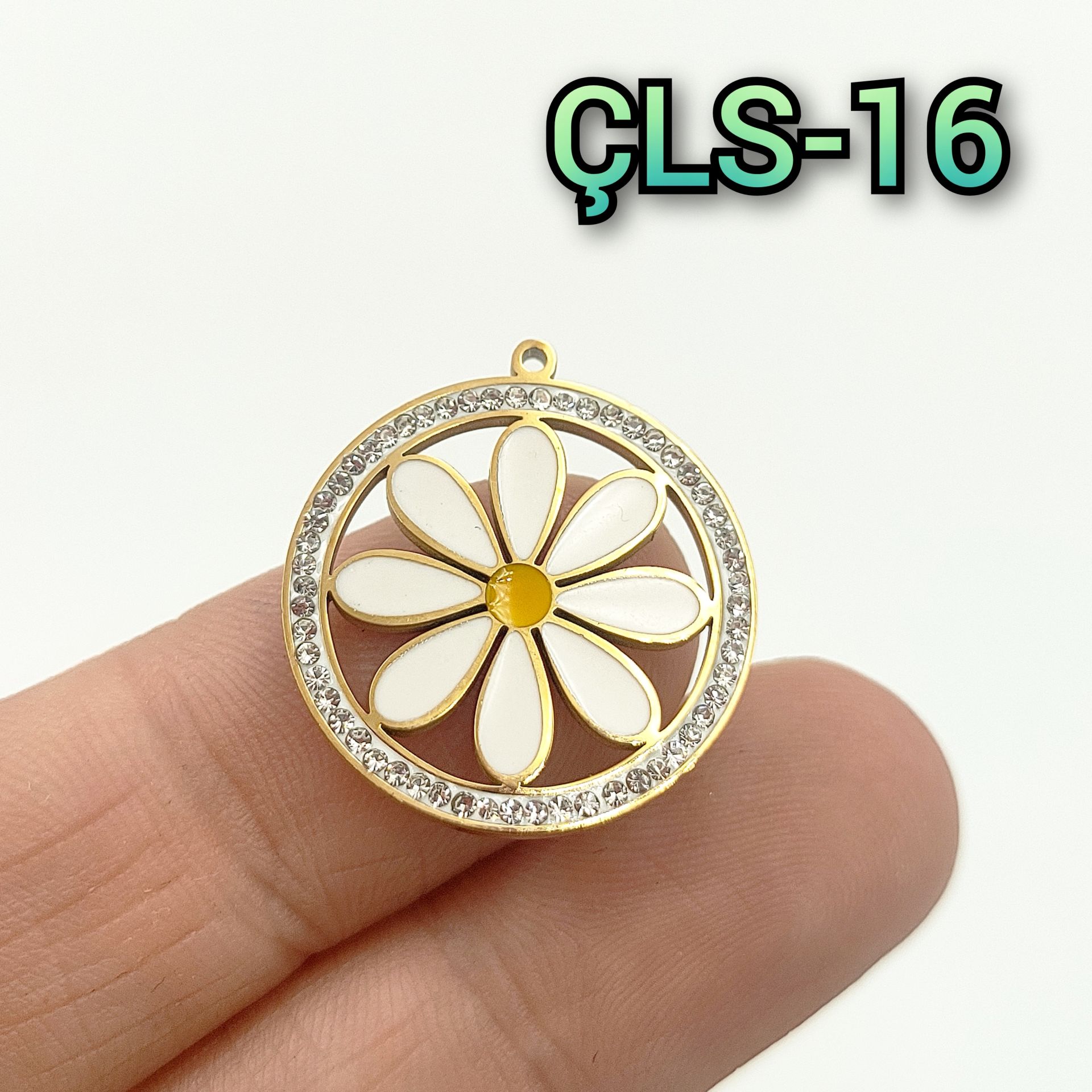 ÇLS-16 Altın Renk 316L Cerrahi Çelik Mineli Taşlı Papatya Sallantı - Kolye Ucu